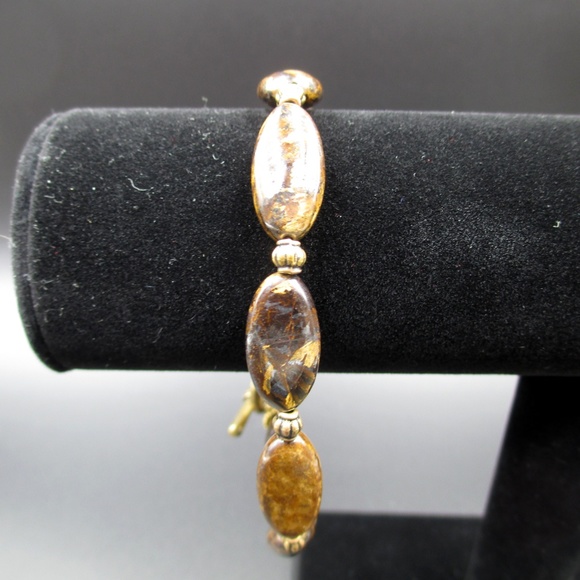 Vintage 8" Inch Bronze Tone Brown Stone Bracelet - Picture 4 of 5